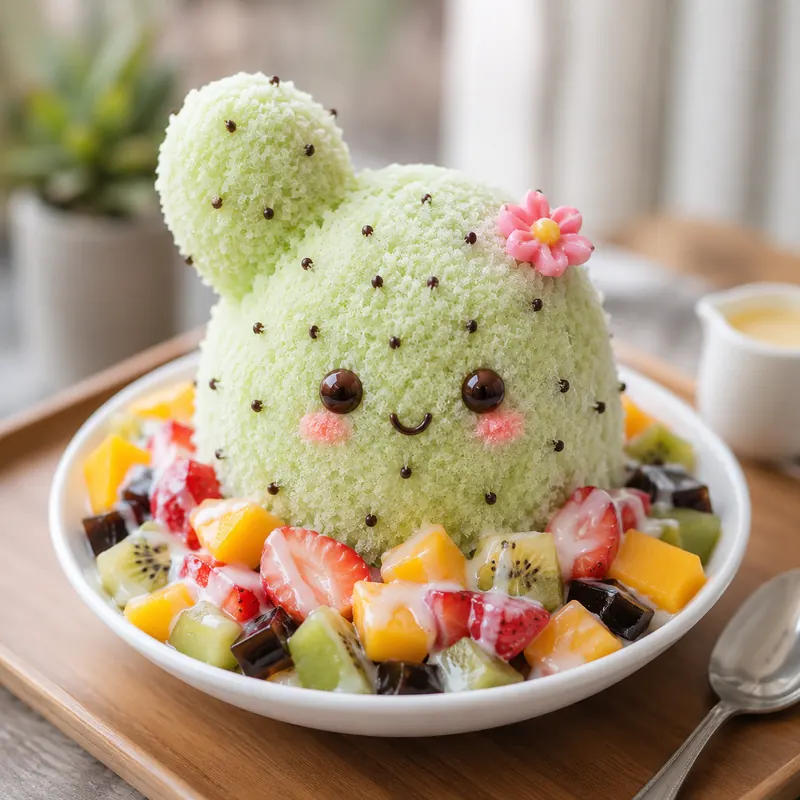 Twin bunny cactus shaved ices side by side on one plate of fruit