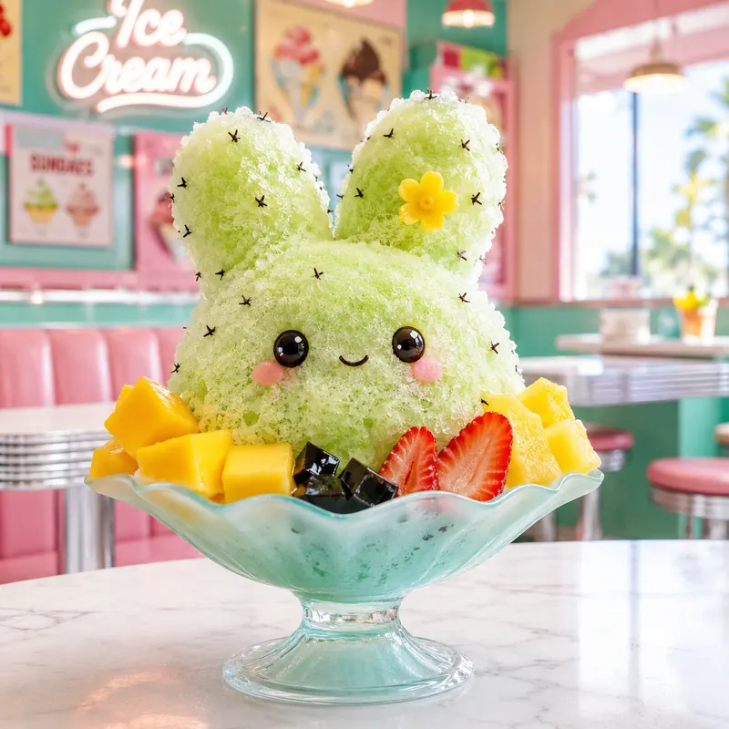 Bunny cactus shaved ice in a scalloped glass bowl inside a pastel ice cream parlor