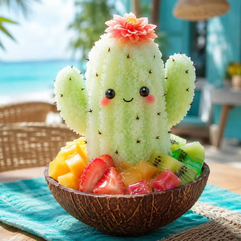 Cactus shaved ice in a coconut bowl on a beach table with turquoise ocean behind