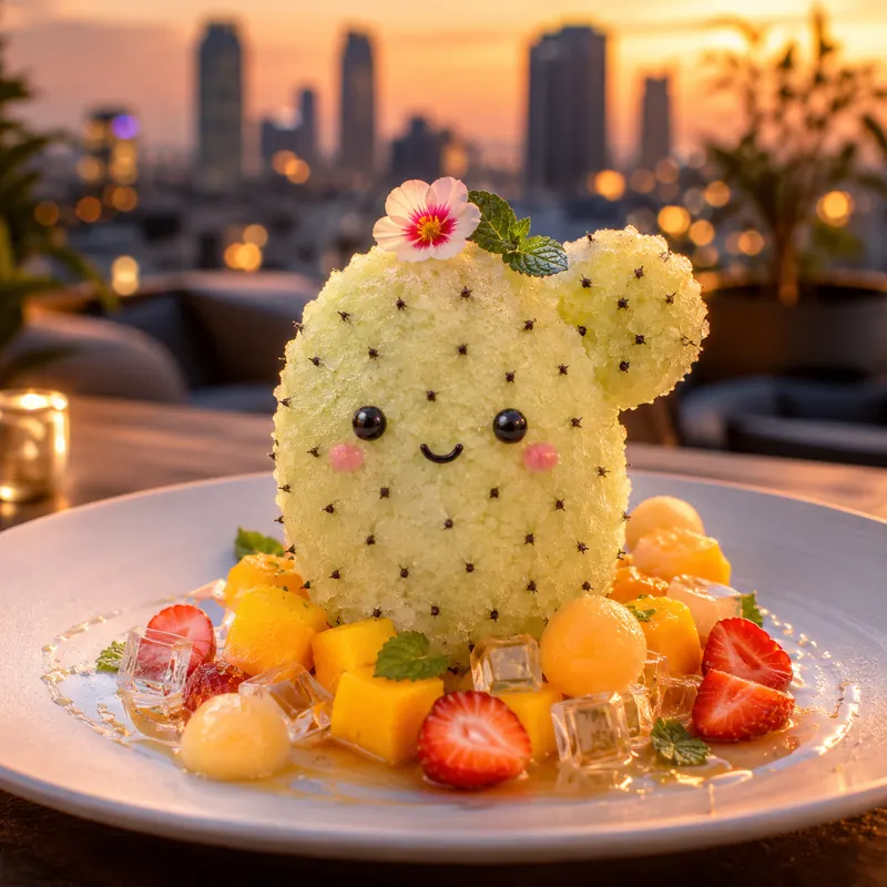 Prickly pear shaved ice on a rooftop at golden hour with a city skyline behind