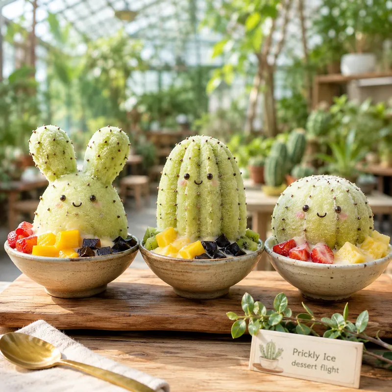 A flight of three mini cactus shaved ices in a lush glasshouse full of plants