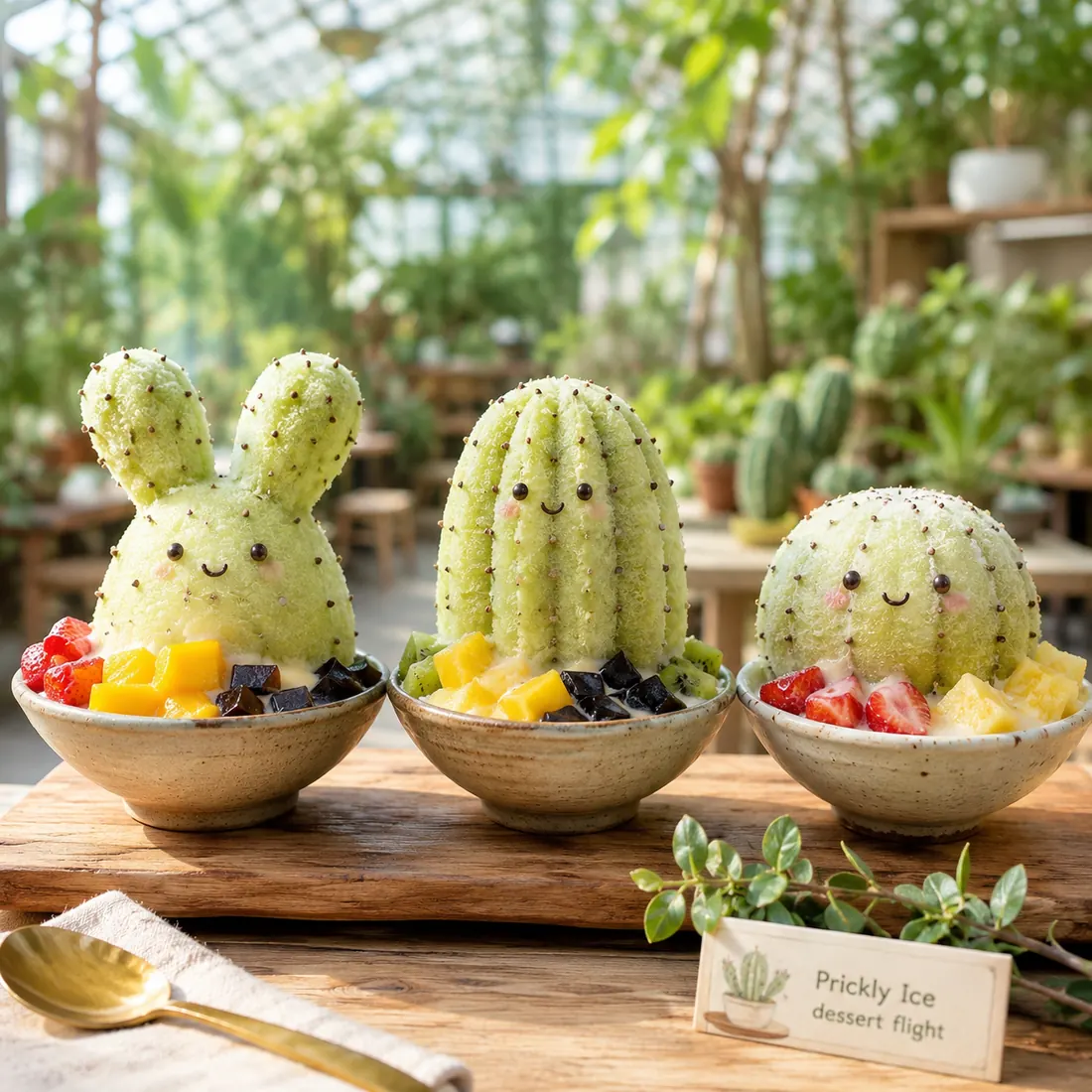 A flight of three mini cactus shaved ices in a lush glasshouse full of plants