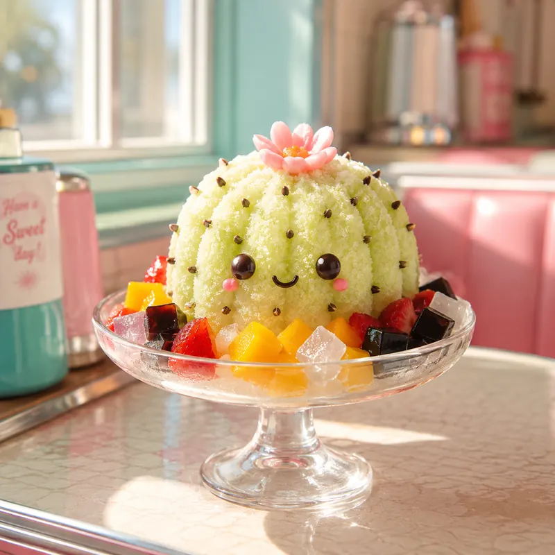 Barrel cactus shaved ice on a glass cake stand in a pastel retro diner
