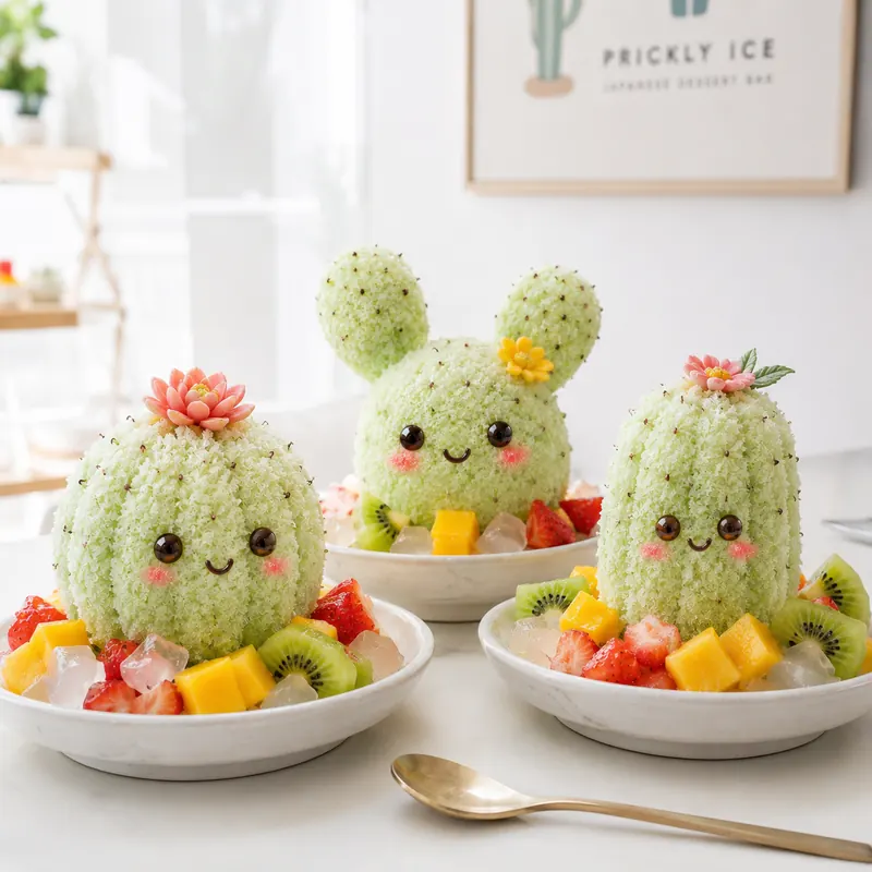Three cactus shaved ice desserts in a bright white cafe with a Prickly Ice poster