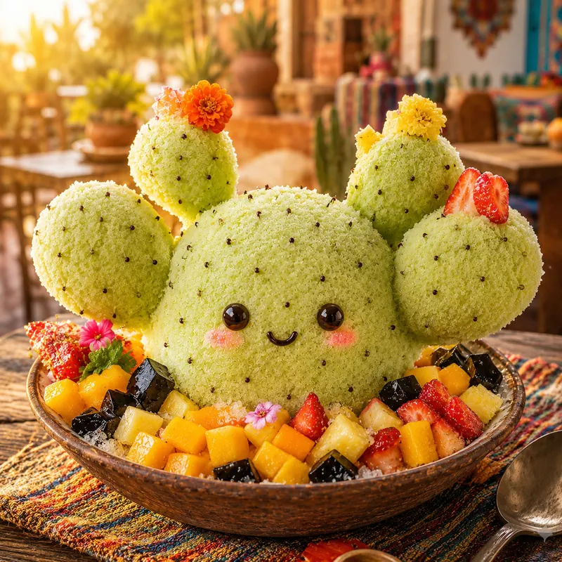 Prickly pear shaved ice with marigold blooms on a warm Southwestern patio at sunset