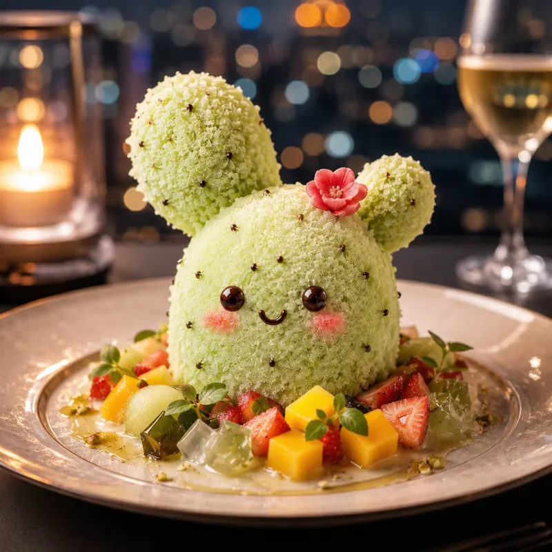 Bunny-ears cactus shaved ice with a red blossom at a candle-lit dinner table